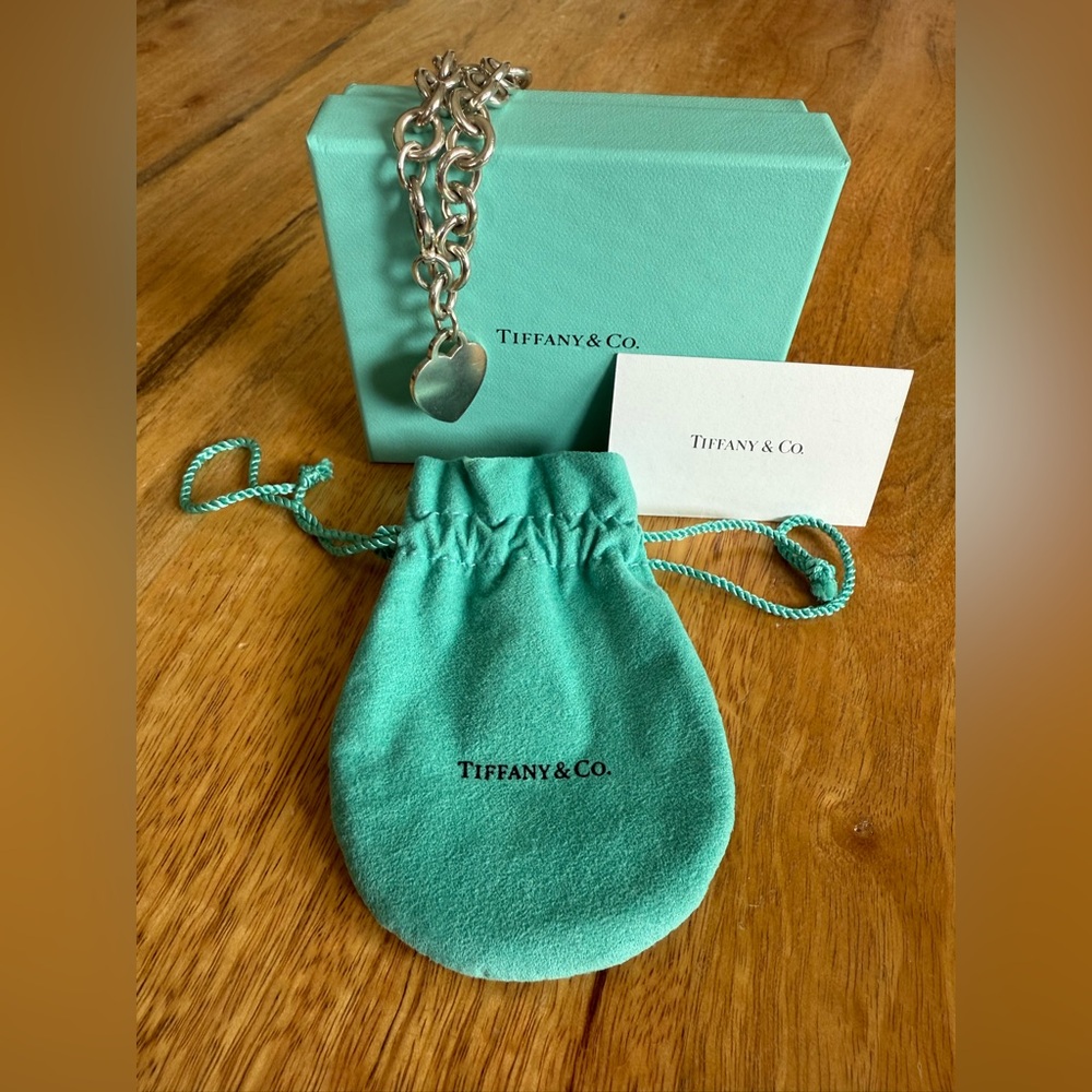 Tiffany & Co. Silver Heart Charm Bracelet with Teal Pouch